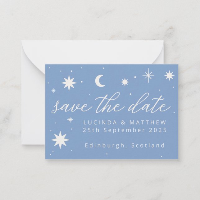 Blue Boho Stars Wedding Save The Date Card (Front)