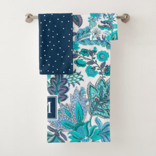 Blue Boho Vintage Floral Monogram Bath Towel Set
