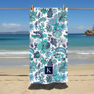 Blue Boho Vintage Floral Monogram Beach Towel