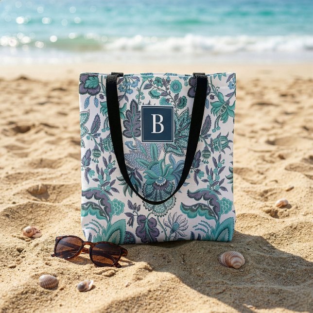 Blue Boho Vintage Floral Monogram Tote Bag (Creator Uploaded)