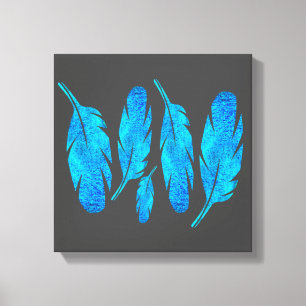 Blue boho watercolor feather art canvas print