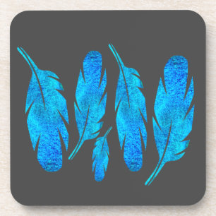 Blue boho watercolor feather art coaster