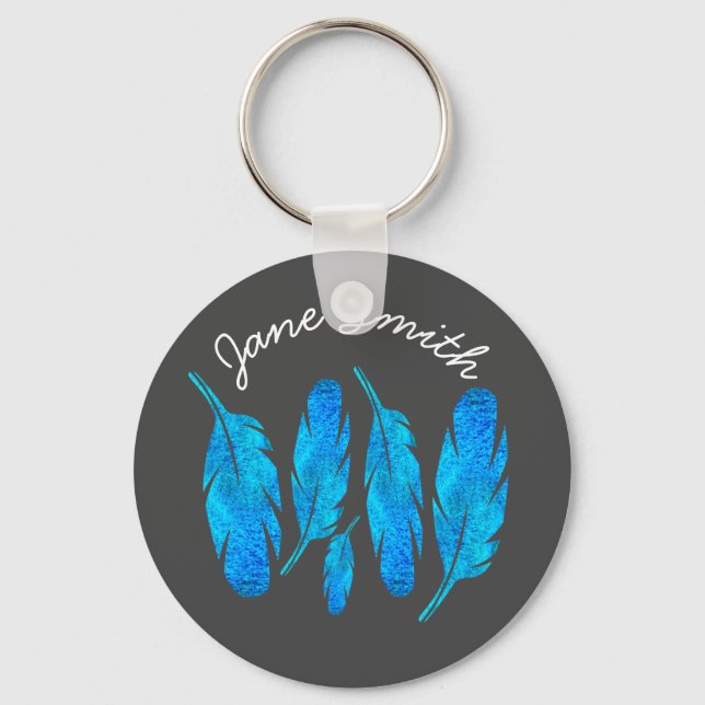 Blue boho watercolor feather art keychain (Front)