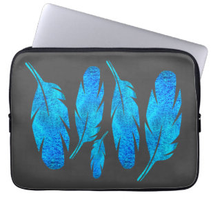 Blue boho watercolor feather art laptop sleeve