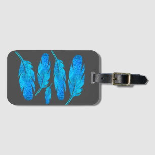 Blue boho watercolor feather art luggage tag