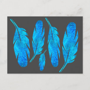 Blue boho watercolor feather art postcard