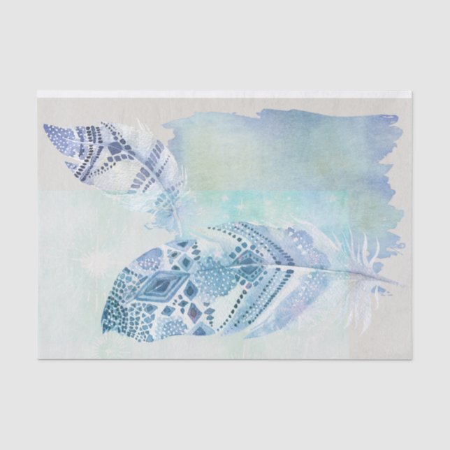 Blue Boho Watercolor Feathers Tissue Paper (Front)