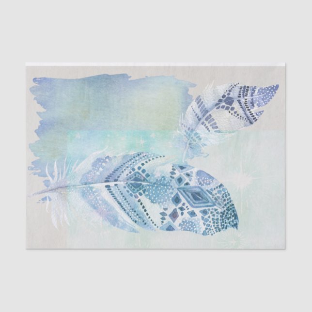 Blue Boho Watercolor Feathers Tissue Paper (Front)