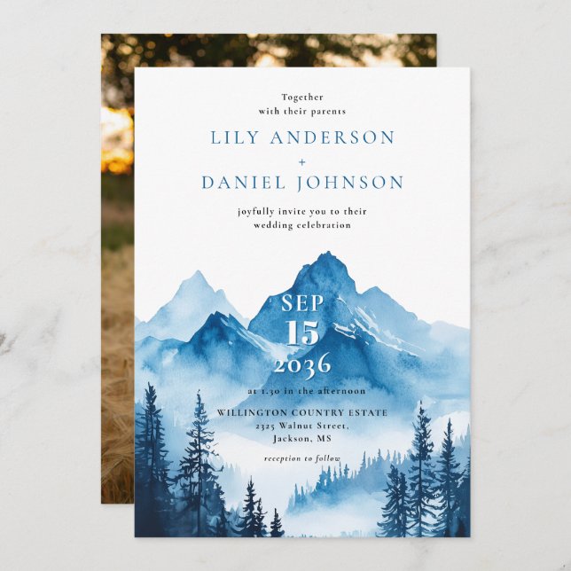 Blue Boho Watercolor Mountain Wedding Photo Invitation (Front/Back)