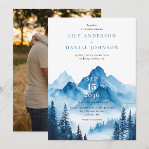 Blue Boho Watercolor Mountain Wedding Photo Invitation