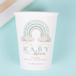 Blue Boho Watercolor Rainbow Boy Baby Shower Paper Cups