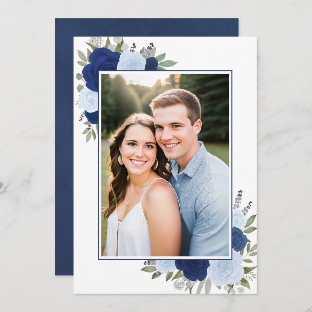 Blue Boho Watercolor Roses Photo Underlay Wedding Invitation (Front/Back)