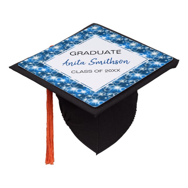 Blue Bokeh And White Stars Graduation Cap Topper (Angled)
