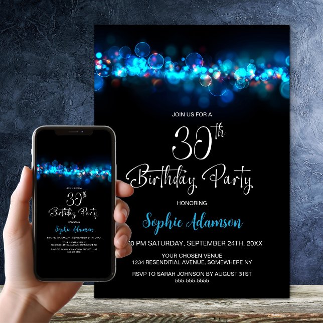 Blue Bokeh Black 30th Birthday Party Invitation (Creator Uploaded)