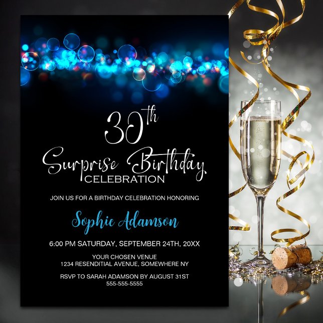 Blue Bokeh Black Surprise 30th Birthday Party Invitation (Creator Uploaded)