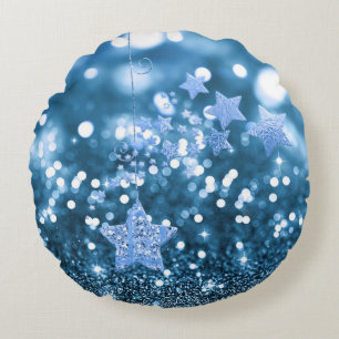 Blue Bokeh Faux Glitter & Stars Round Pillow