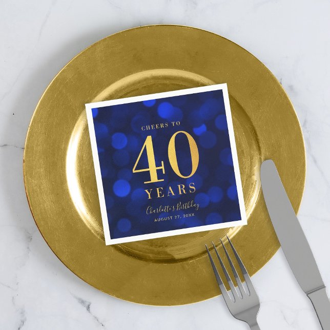 Blue Bokeh Faux Gold Cheers to 40 Years Birthday Napkin (Creator Uploaded)