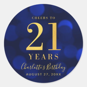 Blue Bokeh Gold Cheers to 21 Years Birthday Classic Round Sticker