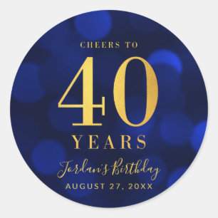 Blue Bokeh Gold Cheers to 40 Years Birthday Classic Round Sticker