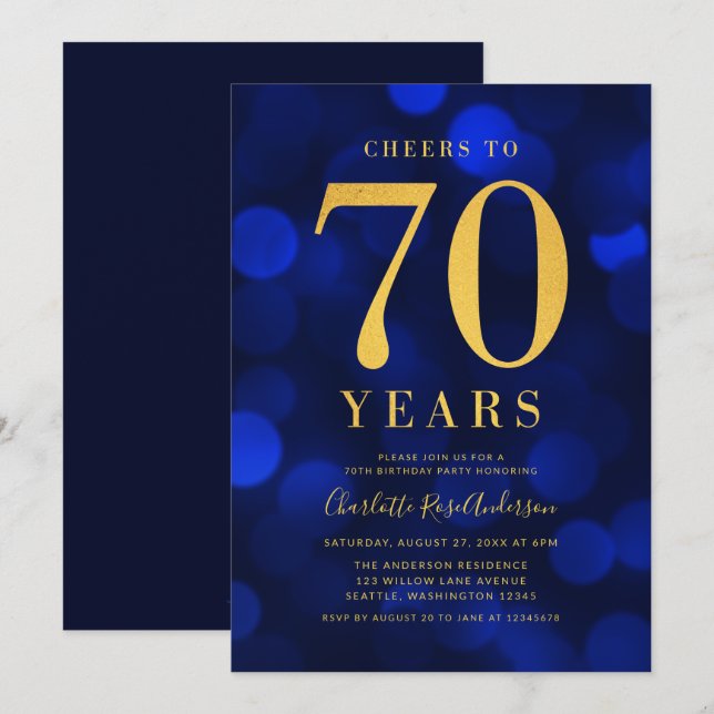 Blue Bokeh Gold Cheers to 70 Years Birthday Party Invitation (Front/Back)