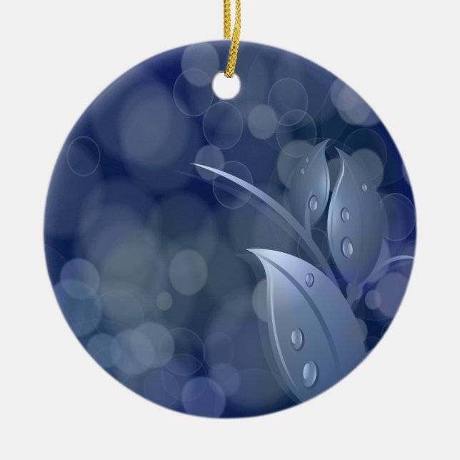Blue Bokeh Leaves Ceramic Ornament (Front)