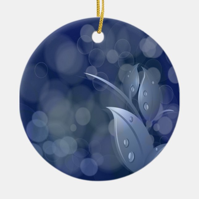 Blue Bokeh Leaves Ceramic Ornament (Front)