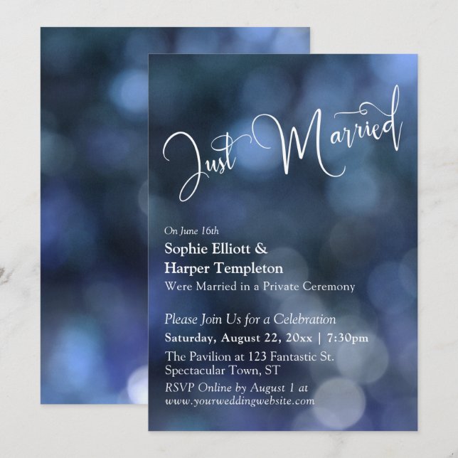 Blue Bokeh Light & "Just Married" Typography Invitation (Front/Back)