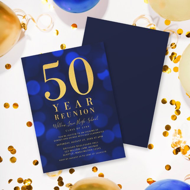 Blue Bokeh Lights 50 Year Class Reunion Invitation (Creator Uploaded)