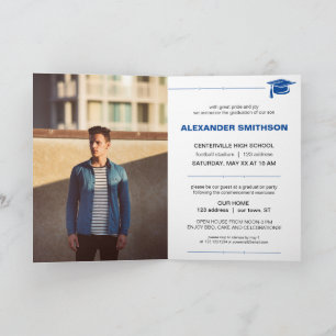Blue Bold GRADUATE Letters and Cap Graduation Invitation