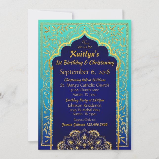 Blue Bollywood Arabian Nights Birthday Christening Invitation (Front)