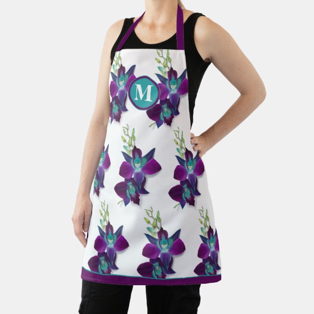 Blue Bom Dendrobium Orchid Flower Monogram Apron (Insitu)