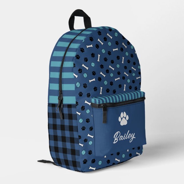 Blue Bones & Balls Paw Print Dog Name Printed Backpack (Back Corner Left)