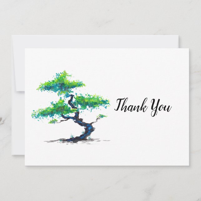 Blue Bonsai Watercolor Thank You Card (Front)