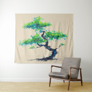 Blue Bonsai Watercolor Wall Tapestry