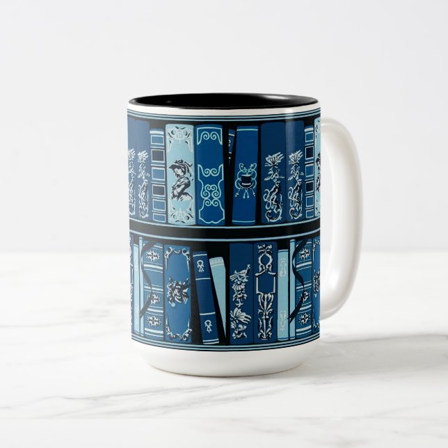 Blue Book Shelves Vintage Books  Two-Tone Coffee Mug (Front Right)