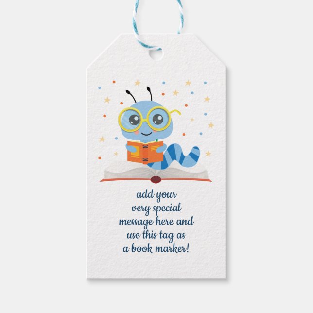 Blue Bookworm Bookmark Gift Tags (Front)