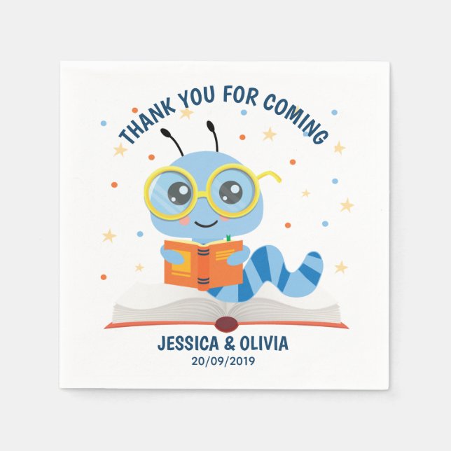 Blue Bookworm Theme Napkin (Front)