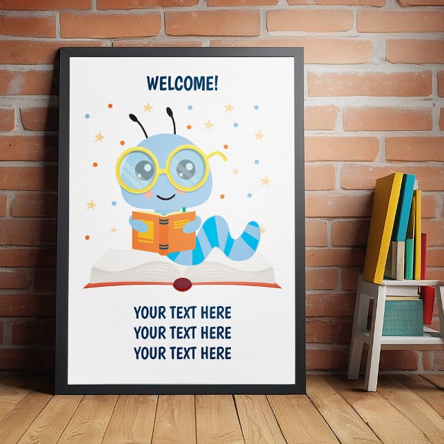 Blue Bookworm Theme Poster (Perfect poster for school book event, book week, and to celebrate birthday and baby showers.)