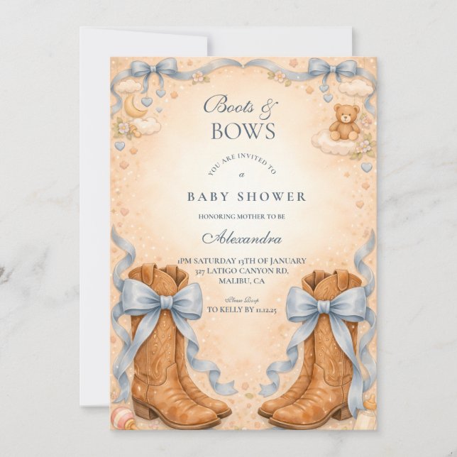 Blue Boots And Bows Boy Baby Shower Invitation (Front)