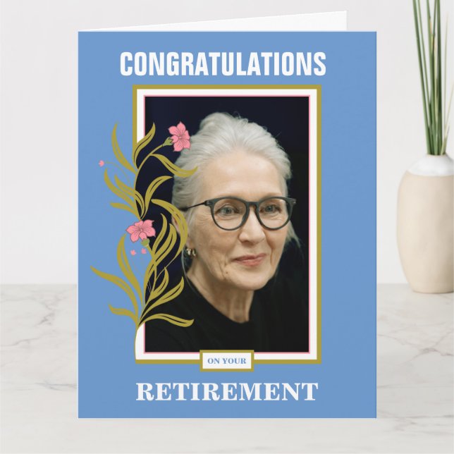 Blue Border Custom Photo Retirement Congratulation Card (Front)