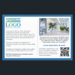 Blue Border Grey Text Logo & Qr Informative Flyer<br><div class="desc">Informative marketing flyer for your small business with lots of place for your custom text on one side, along with your logo, QR code, and a photo. On the other side, a larger photo, website address, and a tagline or shorter text. A blue border framing the text focused promo flyer...</div>