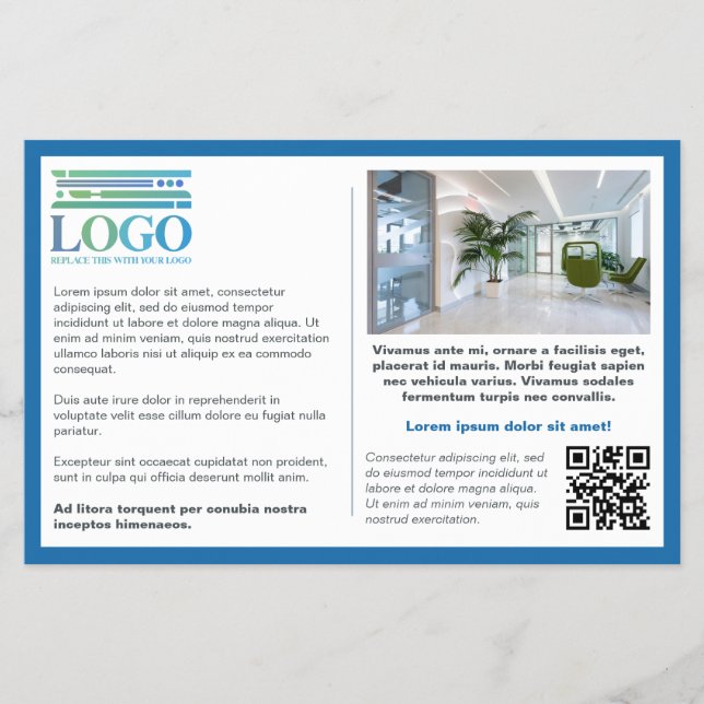 Blue Border Grey Text Logo & Qr Informative Flyer (Front)