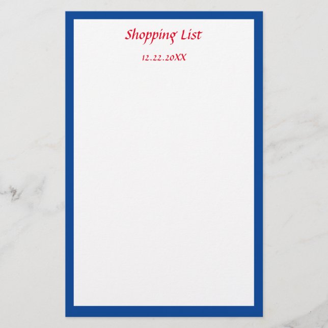 Blue Border Grocery Shopping List Custom Colour Stationery (Front)
