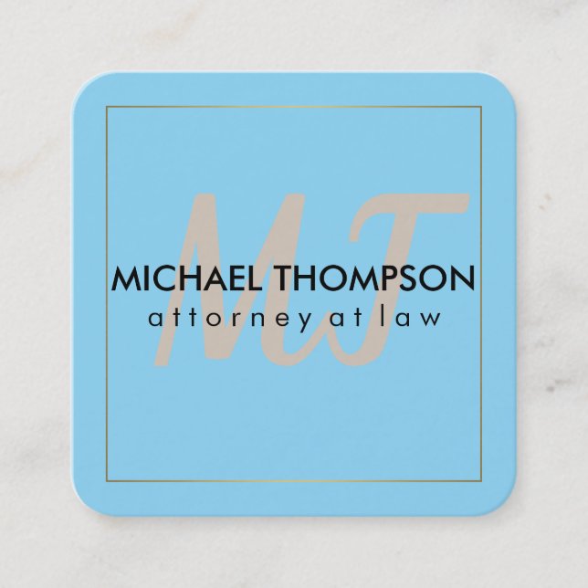 Blue | Border with Monogram Square Business Card (Front)