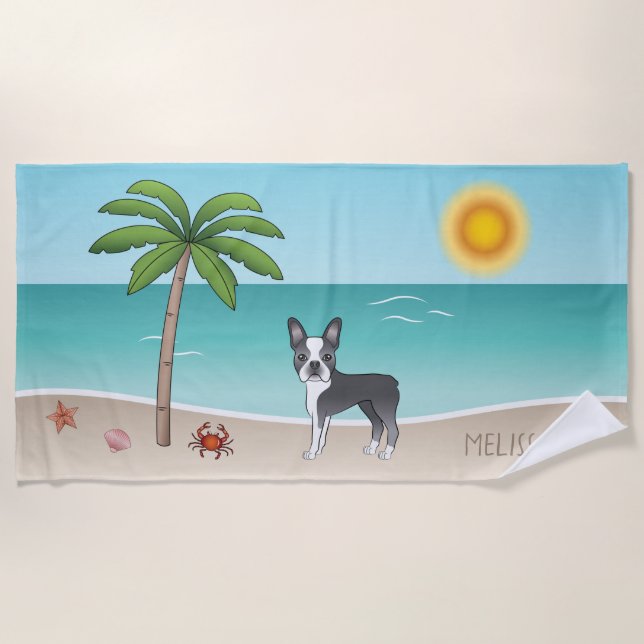 Blue Boston Terrier At A Tropical Summer Beach -  Beach Towel (Front)