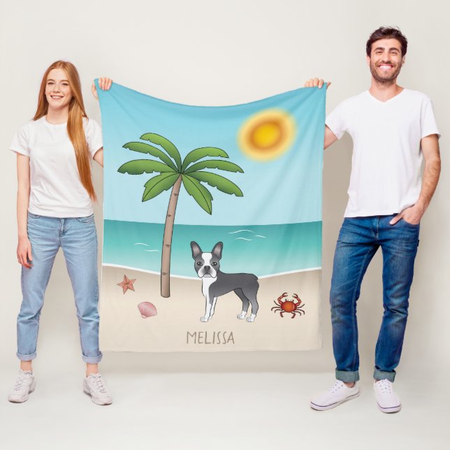 Blue Boston Terrier At A Tropical Summer Beach Fleece Blanket (In Situ)