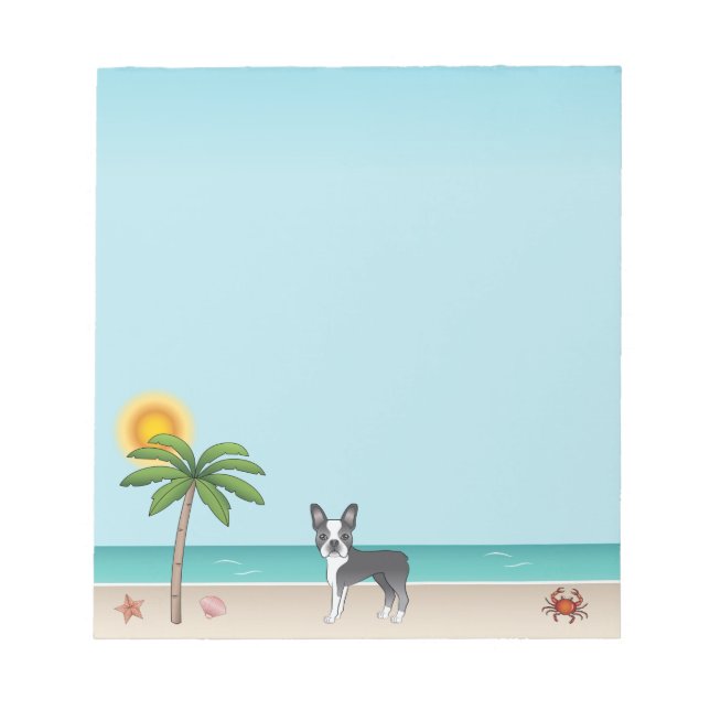 Blue Boston Terrier At A Tropical Summer Beach Notepad (Front)