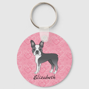 Blue Boston Terrier Dog On Pink Hearts And Name Keychain