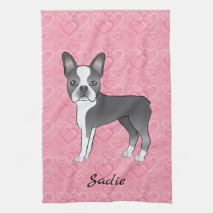 Blue Boston Terrier Dog On Pink Hearts And Name Kitchen Towel