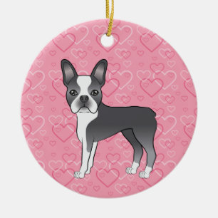 Blue Boston Terrier On Pink Hearts Pet Memorial Ceramic Ornament
